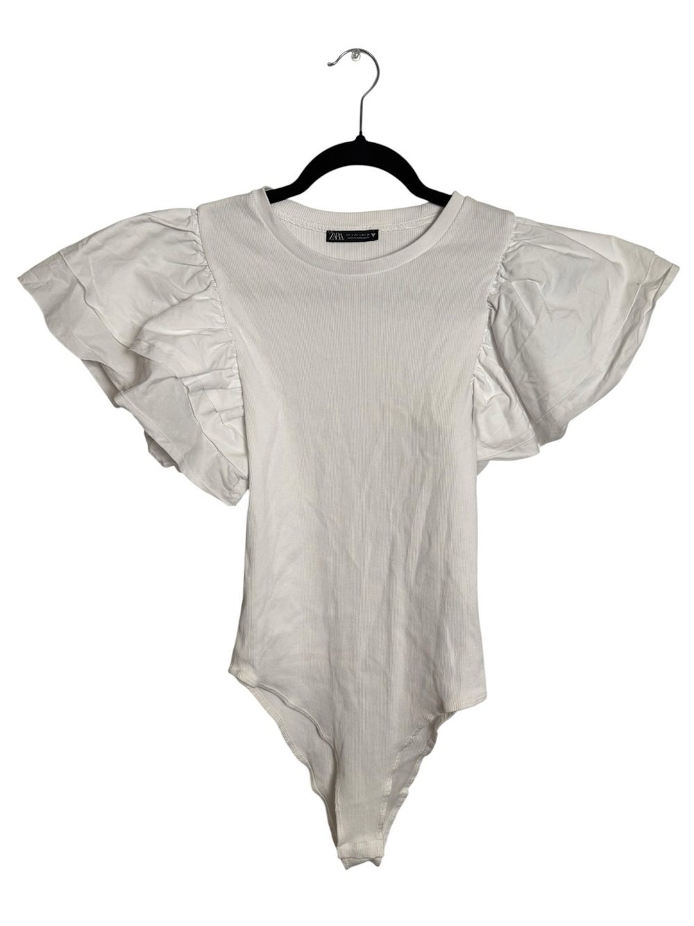 Zara White Ribbed Knit Poplin Ruffle Sleeve Bodysuit Large